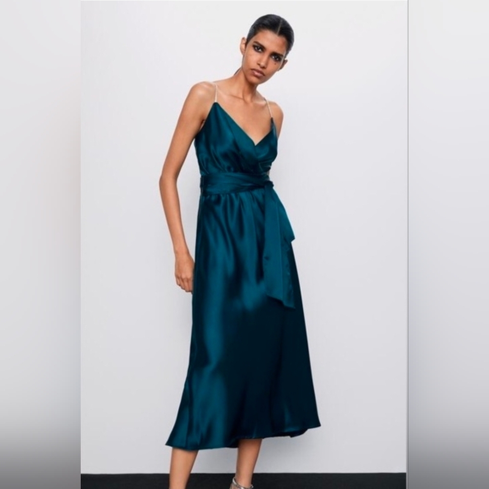 ZARA Satin Midi Dress with Rhinestone Straps ✨